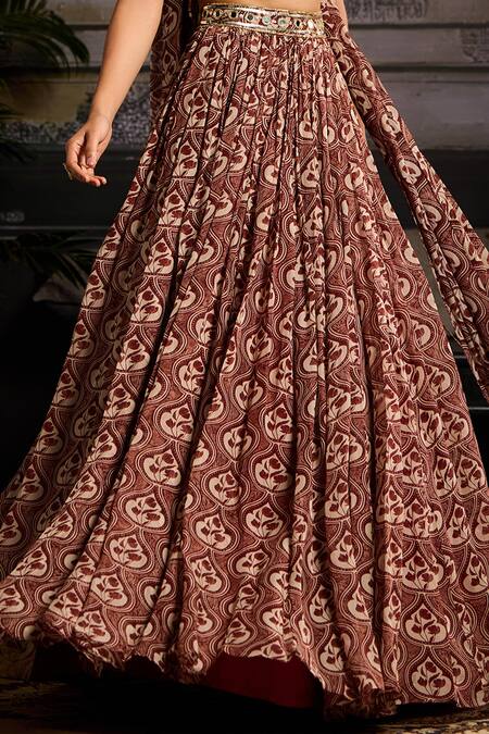 Buy_Diyarajvvir_Maroon Organza, Crepe, Linen Sequins, Crystals, Zari Leaf Print Lehenga Set _Online_at_Aza_Fashions