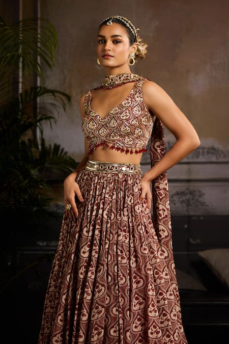 Shop_Diyarajvvir_Maroon Organza, Crepe, Linen Sequins, Crystals, Zari Leaf Print Lehenga Set _Online_at_Aza_Fashions