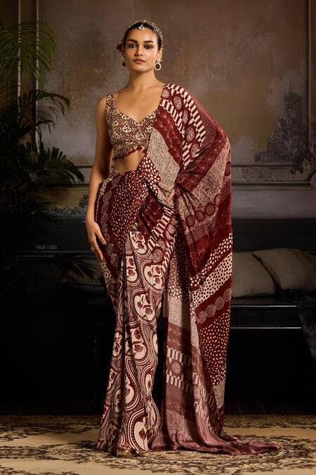 Diyarajvvir Maroon Crepe, Linen Crystals, Cut Work, Leaf Printed Draped Skirt Saree Set Online at Aza Fashions Diyarajvvir_Maroon Crepe, Linen Crystals, Cut Work, Leaf Printed Draped Skirt Saree Set _Online_at_Aza_Fashions