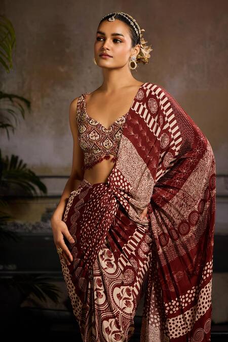 Buy Diyarajvvir Maroon Crepe, Linen Crystals, Cut Work, Leaf Printed Draped Skirt Saree Set Online at Aza Fashions Buy_Diyarajvvir_Maroon Crepe, Linen Crystals, Cut Work, Leaf Printed Draped Skirt Saree Set _Online_at_Aza_Fashions