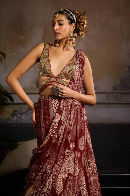 Buy Diyarajvvir Maroon Tulle, Georgette, Linen Abstract Jaal Draped Skirt Saree And Blouse Online at Aza Fashions Buy_Diyarajvvir_Maroon Tulle, Georgette, Linen Abstract Jaal Draped Skirt Saree And Blouse _Online_at_Aza_Fashions