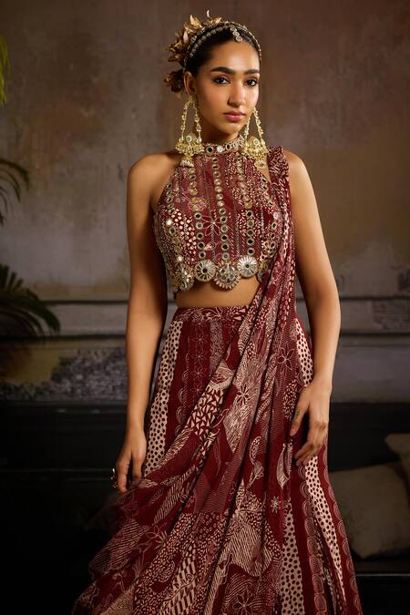 Diyarajvvir_Maroon Crepe, Georgette, Linen Mirrors, Sequins, Printed Draped Skirt Saree Set _Online_at_Aza_Fashions