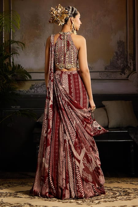 Diyarajvvir Maroon Printed Draped Skirt Saree Set 