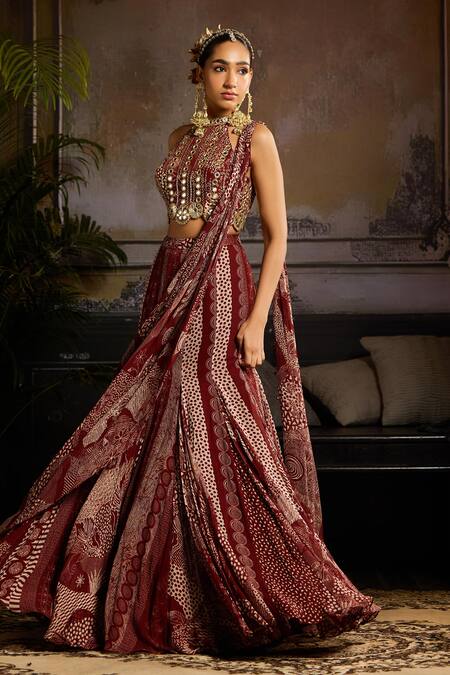 Buy_Diyarajvvir_Maroon Crepe, Georgette, Linen Mirrors, Sequins, Printed Draped Skirt Saree Set _Online_at_Aza_Fashions