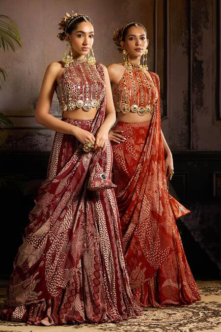 Shop_Diyarajvvir_Maroon Crepe, Georgette, Linen Mirrors, Sequins, Printed Draped Skirt Saree Set _Online_at_Aza_Fashions