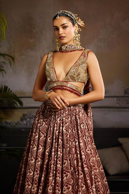 Diyarajvvir_Maroon Lining Shantoon, Tulle And Organza Crystal, Mirror, Print Lehenga Set _Online_at_Aza_Fashions