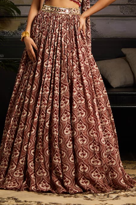 Buy_Diyarajvvir_Maroon Lining Shantoon, Tulle And Organza Crystal, Mirror, Print Lehenga Set _Online_at_Aza_Fashions