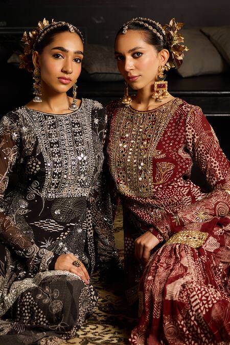 Diyarajvvir Maroon Georgette, Lining Shantoon Mirror, Sequin, Print Kurta Gharara Set at Aza Fashions Diyarajvvir_Maroon Georgette, Lining Shantoon Mirror, Sequin, Print Kurta Gharara Set _at_Aza_Fashions