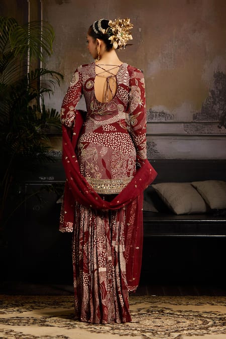 Shop Diyarajvvir Maroon Georgette, Lining Shantoon Mirror, Sequin, Print Kurta Gharara Set at Aza Fashions Shop_Diyarajvvir_Maroon Georgette, Lining Shantoon Mirror, Sequin, Print Kurta Gharara Set _at_Aza_Fashions