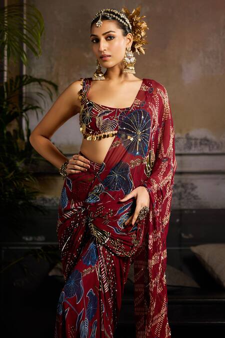 Diyarajvvir Wine Georgette Sequins, Beads, Mirrors Leaf Print Gathered Pre-draped Saree Online at Aza Fashions Diyarajvvir_Wine Georgette Sequins, Beads, Mirrors Leaf Print Gathered Pre-draped Saree _Online_at_Aza_Fashions