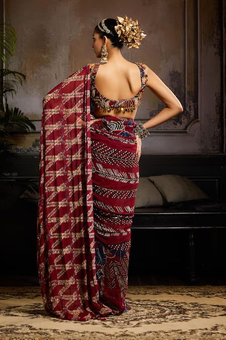 Shop Diyarajvvir Wine Georgette Sequins, Beads, Mirrors Leaf Print Gathered Pre-draped Saree at Aza Fashions Shop_Diyarajvvir_Wine Georgette Sequins, Beads, Mirrors Leaf Print Gathered Pre-draped Saree _at_Aza_Fashions