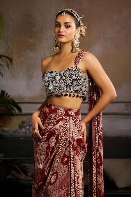 Diyarajvvir Black Crepe, Lining Shantoon Crystal, Print Draped Blouse With Dhoti Skirt Online at Aza Fashions Diyarajvvir_Black Crepe, Lining Shantoon Crystal, Print Draped Blouse With Dhoti Skirt _Online_at_Aza_Fashions