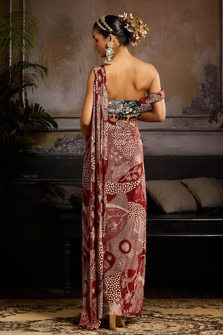 Shop Diyarajvvir Black Crepe, Lining Shantoon Crystal, Print Draped Blouse With Dhoti Skirt at Aza Fashions Shop_Diyarajvvir_Black Crepe, Lining Shantoon Crystal, Print Draped Blouse With Dhoti Skirt _at_Aza_Fashions