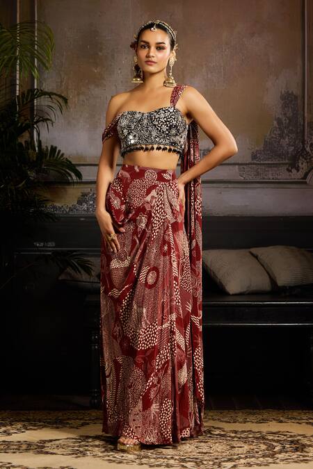 Buy Diyarajvvir Black Crepe, Lining Shantoon Crystal, Print Draped Blouse With Dhoti Skirt Online at Aza Fashions Buy_Diyarajvvir_Black Crepe, Lining Shantoon Crystal, Print Draped Blouse With Dhoti Skirt _Online_at_Aza_Fashions