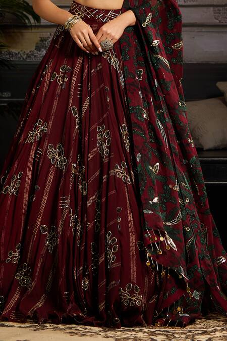 Shop_Diyarajvvir_Wine Tulle, Silk, Organza, Cotton Beads, Embellished Leaf Print Lehenga Set _Online_at_Aza_Fashions