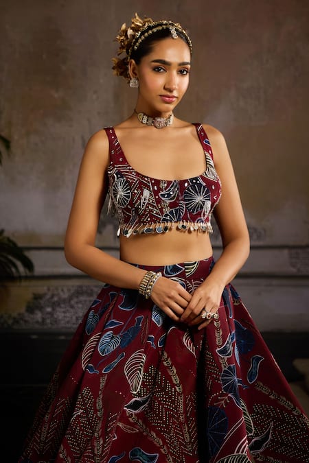 Diyarajvvir Wine Crepe Beads, Sequins, Crystals Leaf Print Lehenga And Embellished Blouse Online at Aza Fashions Diyarajvvir_Wine Crepe Beads, Sequins, Crystals Leaf Print Lehenga And Embellished Blouse _Online_at_Aza_Fashions