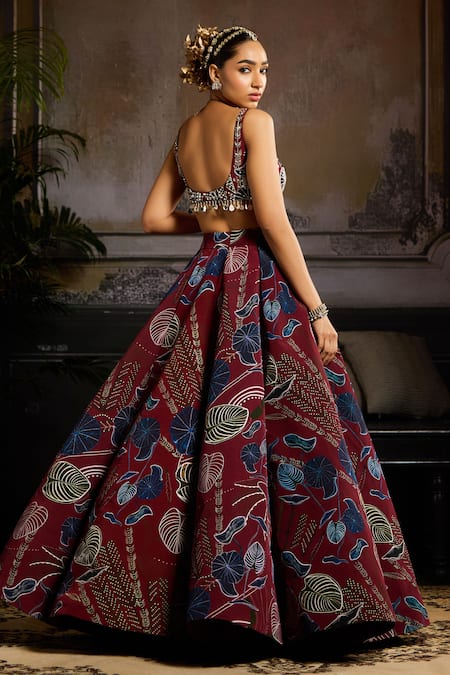 Shop Diyarajvvir Wine Crepe Beads, Sequins, Crystals Leaf Print Lehenga And Embellished Blouse at Aza Fashions Shop_Diyarajvvir_Wine Crepe Beads, Sequins, Crystals Leaf Print Lehenga And Embellished Blouse _at_Aza_Fashions