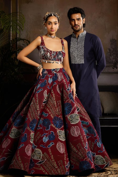 Buy Diyarajvvir Wine Crepe Beads, Sequins, Crystals Leaf Print Lehenga And Embellished Blouse Online at Aza Fashions Buy_Diyarajvvir_Wine Crepe Beads, Sequins, Crystals Leaf Print Lehenga And Embellished Blouse _Online_at_Aza_Fashions