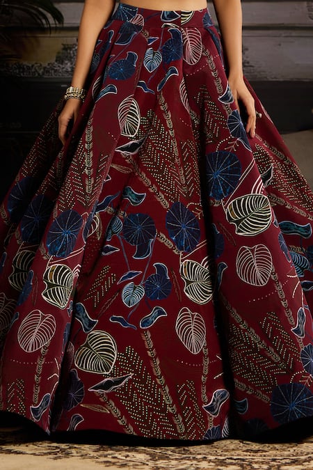 Shop Diyarajvvir Wine Crepe Beads, Sequins, Crystals Leaf Print Lehenga And Embellished Blouse Online at Aza Fashions Shop_Diyarajvvir_Wine Crepe Beads, Sequins, Crystals Leaf Print Lehenga And Embellished Blouse _Online_at_Aza_Fashions