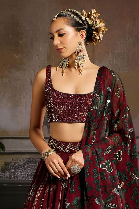 Diyarajvvir Wine Silk, Tulle, Organza, Satin Beads, Sequins, Foliage Print Lehenga Set Online at Aza Fashions Diyarajvvir_Wine Silk, Tulle, Organza, Satin Beads, Sequins, Foliage Print Lehenga Set _Online_at_Aza_Fashions