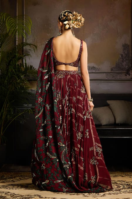 Shop Diyarajvvir Wine Silk, Tulle, Organza, Satin Beads, Sequins, Foliage Print Lehenga Set at Aza Fashions Shop_Diyarajvvir_Wine Silk, Tulle, Organza, Satin Beads, Sequins, Foliage Print Lehenga Set _at_Aza_Fashions