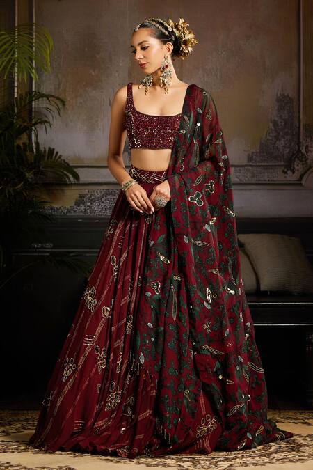 Buy Diyarajvvir Wine Silk, Tulle, Organza, Satin Beads, Sequins, Foliage Print Lehenga Set Online at Aza Fashions Buy_Diyarajvvir_Wine Silk, Tulle, Organza, Satin Beads, Sequins, Foliage Print Lehenga Set _Online_at_Aza_Fashions