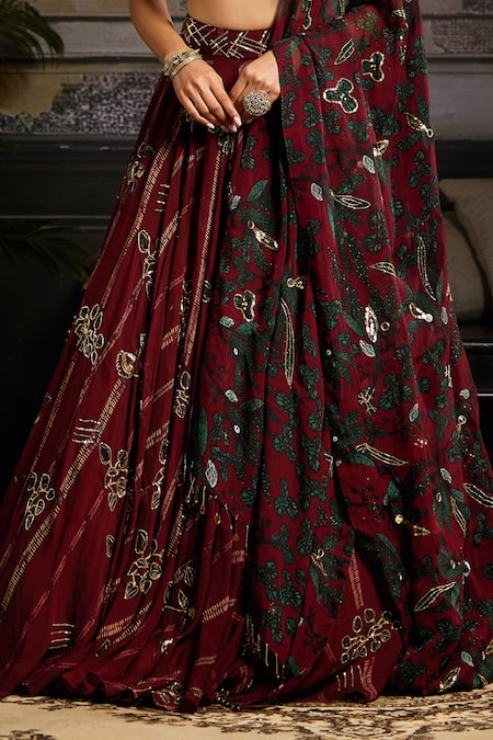 Shop Diyarajvvir Wine Silk, Tulle, Organza, Satin Beads, Sequins, Foliage Print Lehenga Set Online at Aza Fashions Shop_Diyarajvvir_Wine Silk, Tulle, Organza, Satin Beads, Sequins, Foliage Print Lehenga Set _Online_at_Aza_Fashions