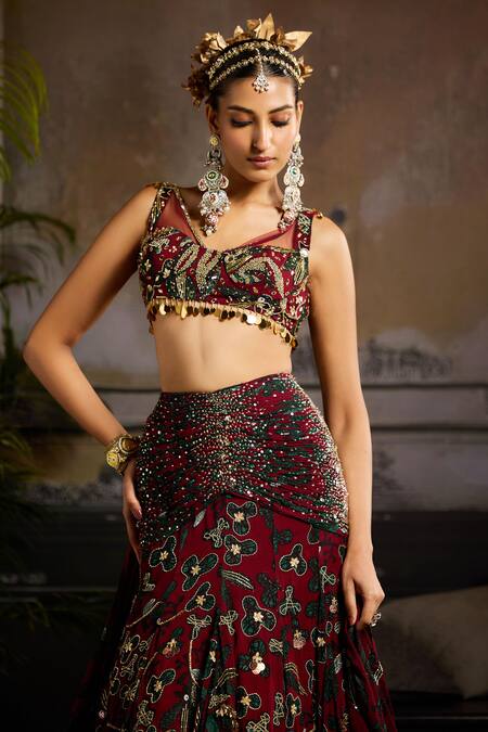 Diyarajvvir Wine Georgette Beads, Sequins, Crystals V-neck Garden Print Mermaid Lehenga Set Online at Aza Fashions Diyarajvvir_Wine Georgette Beads, Sequins, Crystals V-neck Garden Print Mermaid Lehenga Set _Online_at_Aza_Fashions