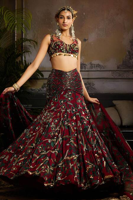 Buy Diyarajvvir Wine Georgette Beads, Sequins, Crystals V-neck Garden Print Mermaid Lehenga Set Online at Aza Fashions Buy_Diyarajvvir_Wine Georgette Beads, Sequins, Crystals V-neck Garden Print Mermaid Lehenga Set _Online_at_Aza_Fashions