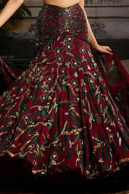 Shop Diyarajvvir Wine Georgette Beads, Sequins, Crystals V-neck Garden Print Mermaid Lehenga Set Online at Aza Fashions Shop_Diyarajvvir_Wine Georgette Beads, Sequins, Crystals V-neck Garden Print Mermaid Lehenga Set _Online_at_Aza_Fashions