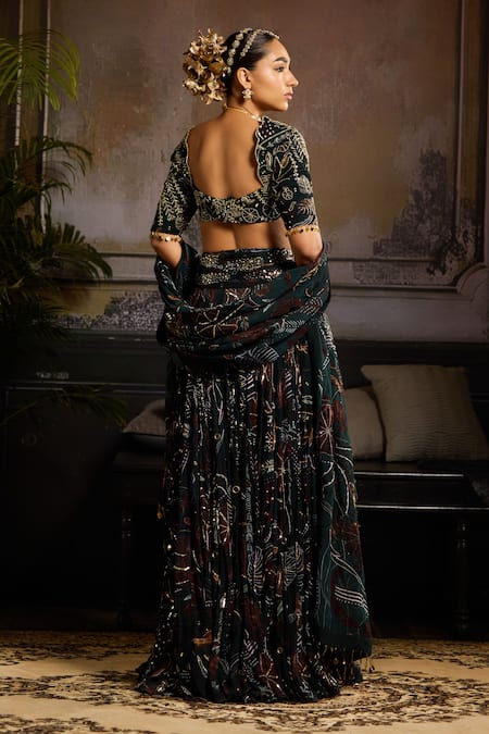 Shop Diyarajvvir Green Georgette, Linen, Organza Beads, Gathered Foliage Print Lehenga Set at Aza Fashions Shop_Diyarajvvir_Green Georgette, Linen, Organza Beads, Gathered Foliage Print Lehenga Set _at_Aza_Fashions