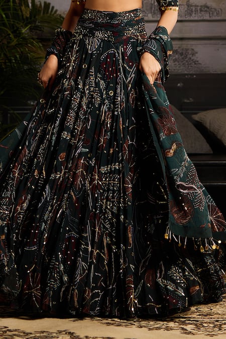 Buy Diyarajvvir Green Georgette, Linen, Organza Beads, Gathered Foliage Print Lehenga Set Online at Aza Fashions Buy_Diyarajvvir_Green Georgette, Linen, Organza Beads, Gathered Foliage Print Lehenga Set _Online_at_Aza_Fashions