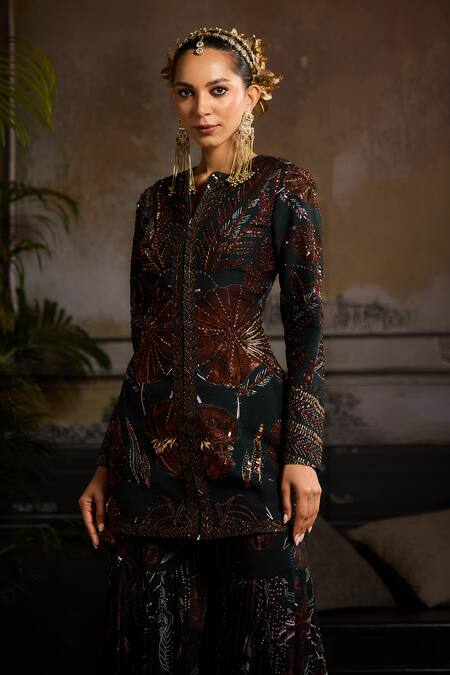 Diyarajvvir_Green Georgette, Silk Crystals, Sequins, Flower Printed Gharara Set With Jacket _Online_at_Aza_Fashions