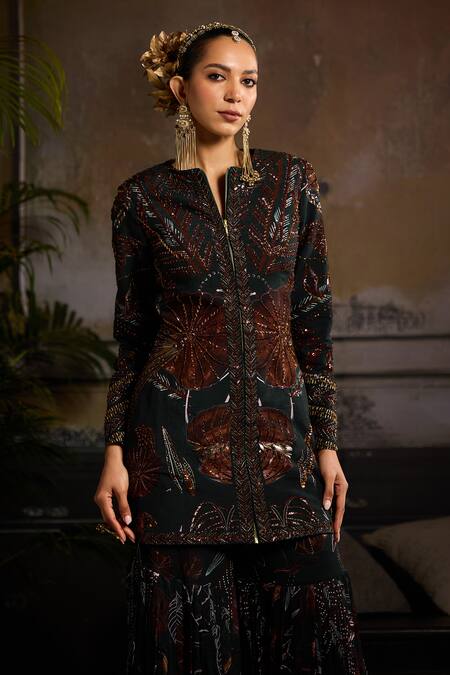 Buy_Diyarajvvir_Green Georgette, Silk Crystals, Sequins, Flower Printed Gharara Set With Jacket _Online_at_Aza_Fashions