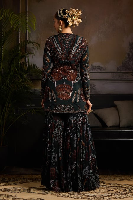 Shop_Diyarajvvir_Green Georgette, Silk Crystals, Sequins, Flower Printed Gharara Set With Jacket _at_Aza_Fashions