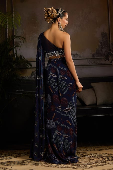 Shop Diyarajvvir Blue Tulle, Georgette, Crepe Beads, Leaf Vine Print Slit Lehenga And Blouse at Aza Fashions Shop_Diyarajvvir_Blue Tulle, Georgette, Crepe Beads, Leaf Vine Print Slit Lehenga And Blouse _at_Aza_Fashions