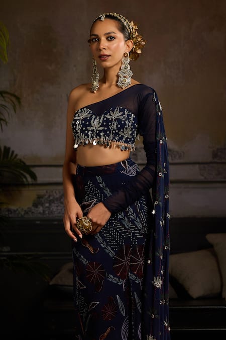 Buy Diyarajvvir Blue Tulle, Georgette, Crepe Beads, Leaf Vine Print Slit Lehenga And Blouse Online at Aza Fashions Buy_Diyarajvvir_Blue Tulle, Georgette, Crepe Beads, Leaf Vine Print Slit Lehenga And Blouse _Online_at_Aza_Fashions