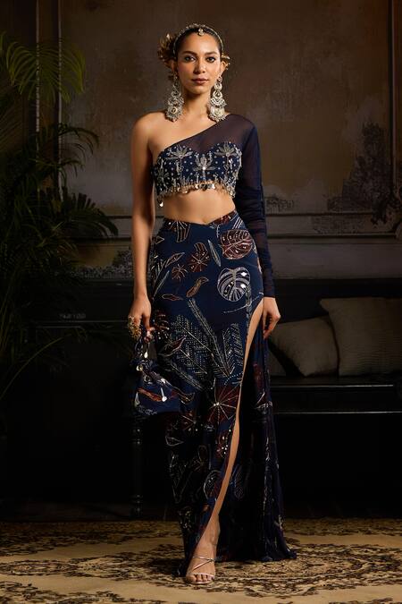 Buy Diyarajvvir Blue Tulle, Georgette, Lining Shantoon Print Slit Lehenga With Draped Blouse Online at Aza Fashions Buy_Diyarajvvir_Blue Tulle, Georgette, Lining Shantoon Print Slit Lehenga With Draped Blouse _Online_at_Aza_Fashions