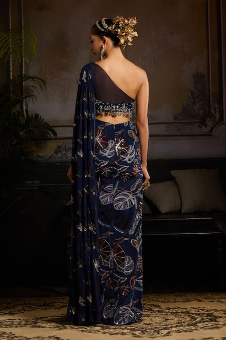 Shop Diyarajvvir Blue Tulle, Georgette, Lining Shantoon Print Slit Lehenga With Draped Blouse at Aza Fashions Shop_Diyarajvvir_Blue Tulle, Georgette, Lining Shantoon Print Slit Lehenga With Draped Blouse _at_Aza_Fashions