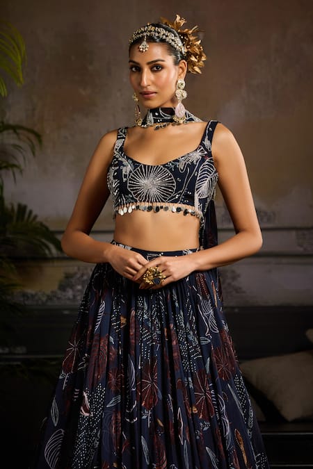 Diyarajvvir Blue Georgette, Lining Shantoon Mirror, Print Lehenga Tasselled Blouse Set Online at Aza Fashions Diyarajvvir_Blue Georgette, Lining Shantoon Mirror, Print Lehenga Tasselled Blouse Set _Online_at_Aza_Fashions