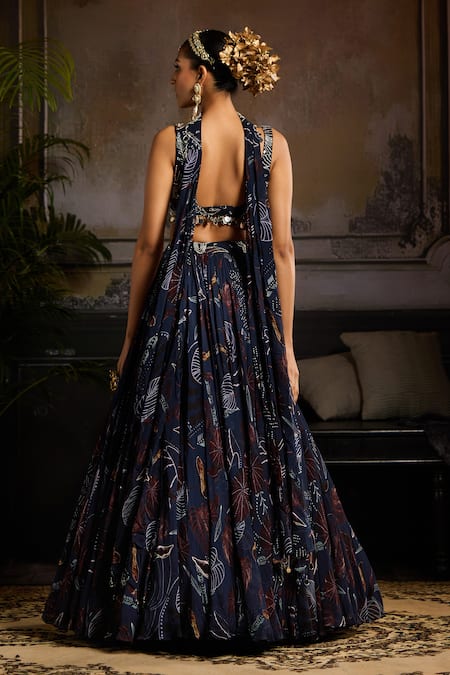 Shop Diyarajvvir Blue Georgette, Lining Shantoon Mirror, Print Lehenga Tasselled Blouse Set at Aza Fashions Shop_Diyarajvvir_Blue Georgette, Lining Shantoon Mirror, Print Lehenga Tasselled Blouse Set _at_Aza_Fashions