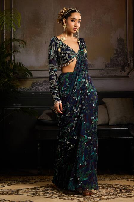 Diyarajvvir_Blue Georgette, Linen Sequins, Beads, Foliage Print Pre-draped Sharara Saree _Online_at_Aza_Fashions