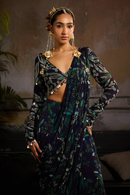Buy_Diyarajvvir_Blue Georgette, Linen Sequins, Beads, Foliage Print Pre-draped Sharara Saree _Online_at_Aza_Fashions