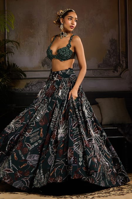 Buy Diyarajvvir Green Tulle, Crepe, Linen Sequins, Cut Foliage Print Embellished Lehenga Set Online at Aza Fashions Buy_Diyarajvvir_Green Tulle, Crepe, Linen Sequins, Cut Foliage Print Embellished Lehenga Set _Online_at_Aza_Fashions