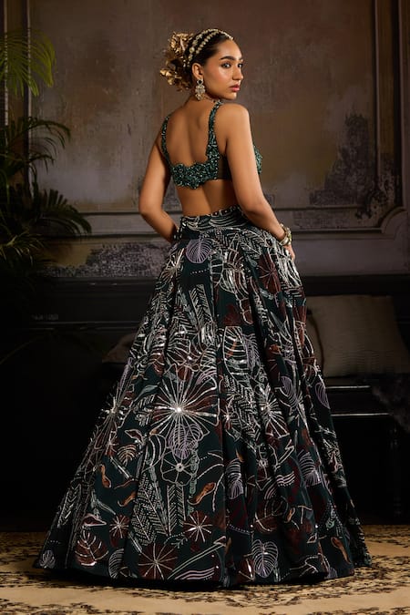 Shop Diyarajvvir Green Tulle, Crepe, Linen Sequins, Cut Foliage Print Embellished Lehenga Set at Aza Fashions Shop_Diyarajvvir_Green Tulle, Crepe, Linen Sequins, Cut Foliage Print Embellished Lehenga Set _at_Aza_Fashions
