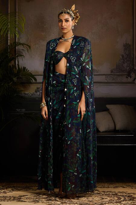 Diyarajvvir Blue Crepe, Georgette And Organza, Lining Shantoon Leaf, Print Draped Skirt Set Online at Aza Fashions Diyarajvvir_Blue Crepe, Georgette And Organza, Lining Shantoon Leaf, Print Draped Skirt Set _Online_at_Aza_Fashions