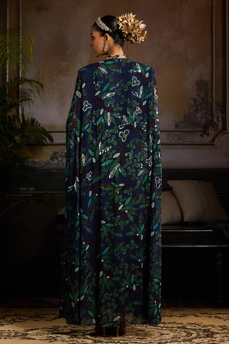 Shop Diyarajvvir Blue Crepe, Georgette And Organza, Lining Shantoon Leaf, Print Draped Skirt Set at Aza Fashions Shop_Diyarajvvir_Blue Crepe, Georgette And Organza, Lining Shantoon Leaf, Print Draped Skirt Set _at_Aza_Fashions