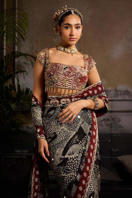 Diyarajvvir_Maroon Crepe, Georgette, Satin, Abstract Jaal Print Pre-stitched Saree Set _Online_at_Aza_Fashions