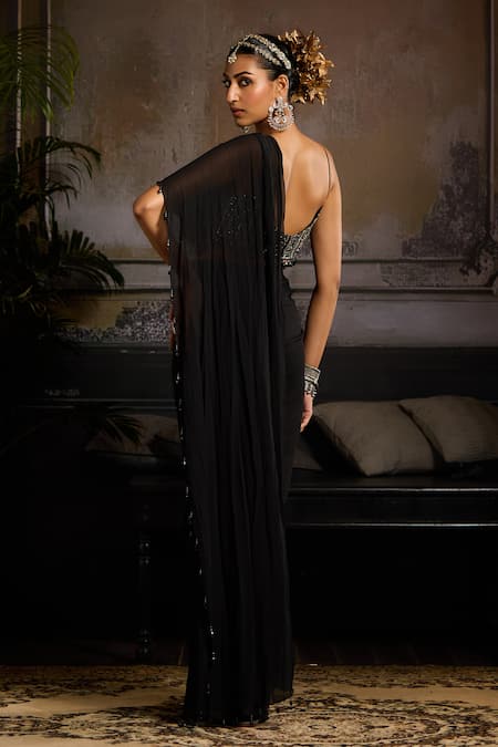 Shop Diyarajvvir Black Georgette, Tulle Beads, Crystals, Embellished Pre-draped Skirt Saree at Aza Fashions Shop_Diyarajvvir_Black Georgette, Tulle Beads, Crystals, Embellished Pre-draped Skirt Saree _at_Aza_Fashions