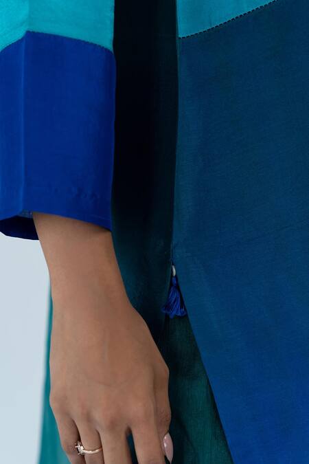 Meghna Panchmatia_Blue Crepe, , Organza Tassels Ombre Color Block Straight Kurta Set _Online_at_Aza_Fashions